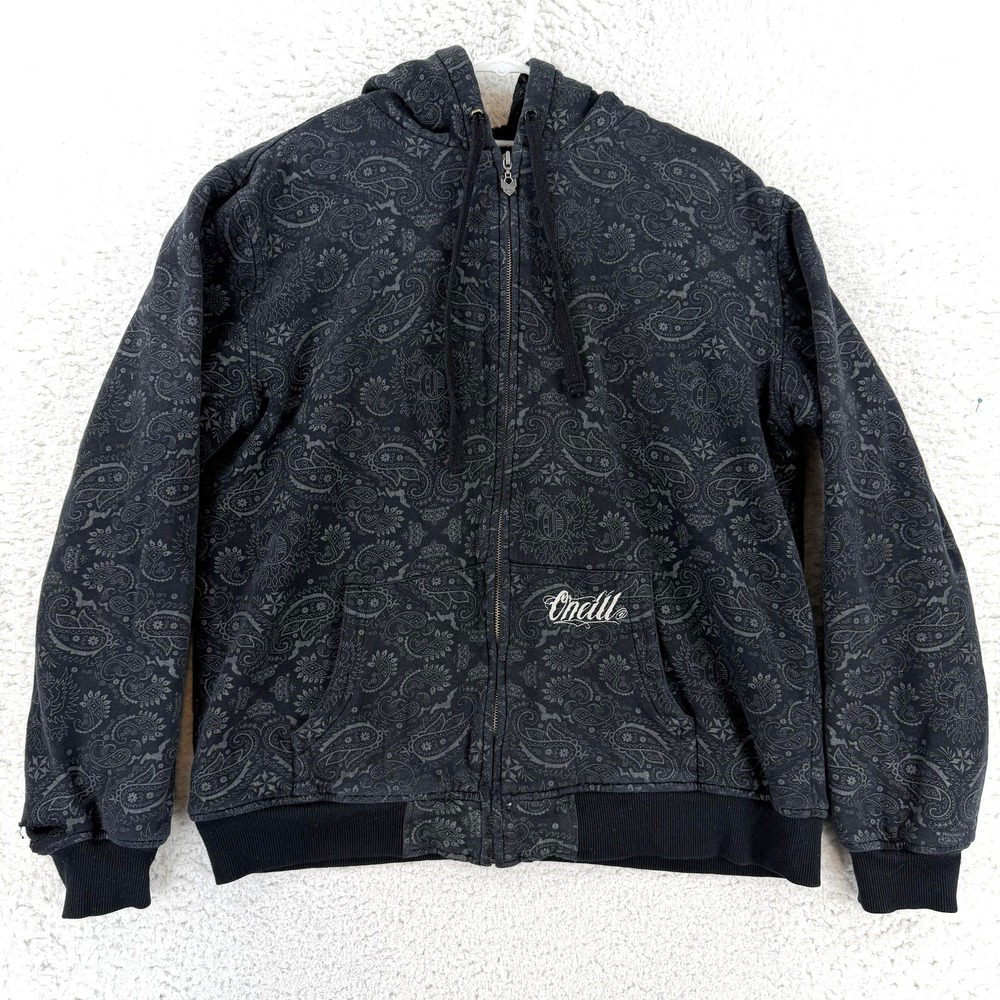 VTG O'Neill Hoodie Mens Large Black Full Zip Paisley Sherpa Fleece Y2K RN85773